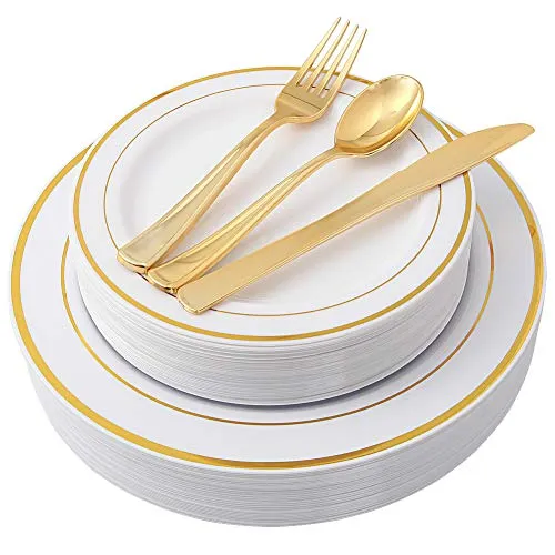 100 Piece Gold Plastic Plates with Gold Silverware, Premium Plastic Dinnerware Set Via Amazon