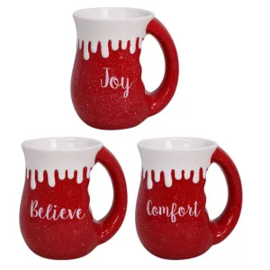 16 oz. Holiday Drip Red Cozy Hand Warmer Mug with Sentiments Believe, Comfort, Joy