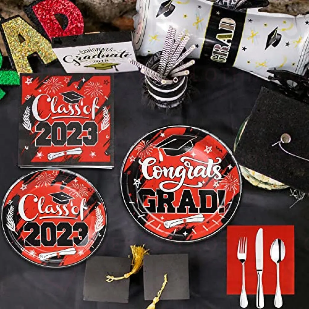 2023 Red Graduation Plates and Napkins Set Party Supplies for 50 Guest- 200pcs Class of 2023 Grad Party Tableware kit Include Dinner Plates Dessert Plates Napkins for Congrat Grad Party Decorations