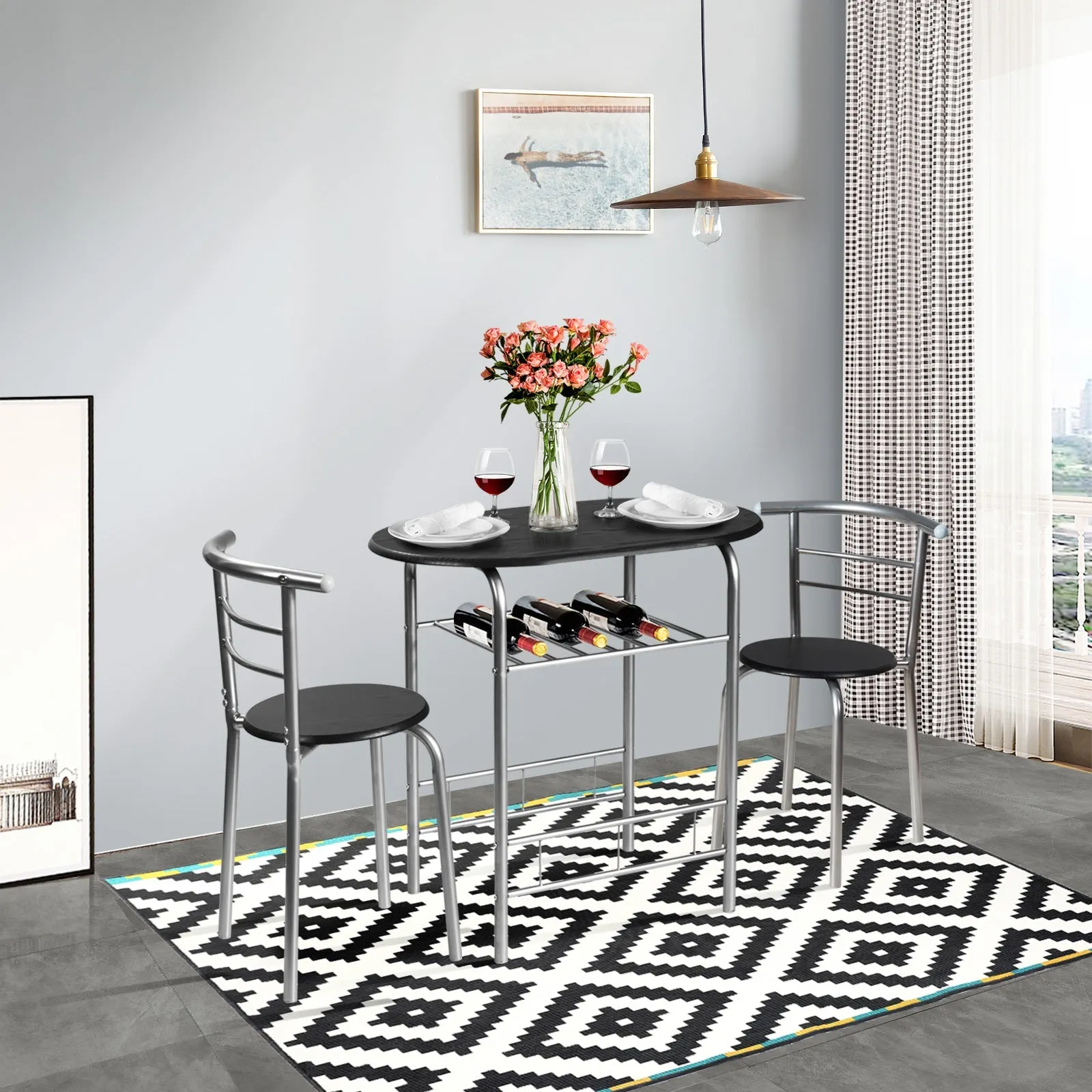 3 Pieces Compact Dining Set with Storage Shelf for Kitchen Bars-Black & Silver