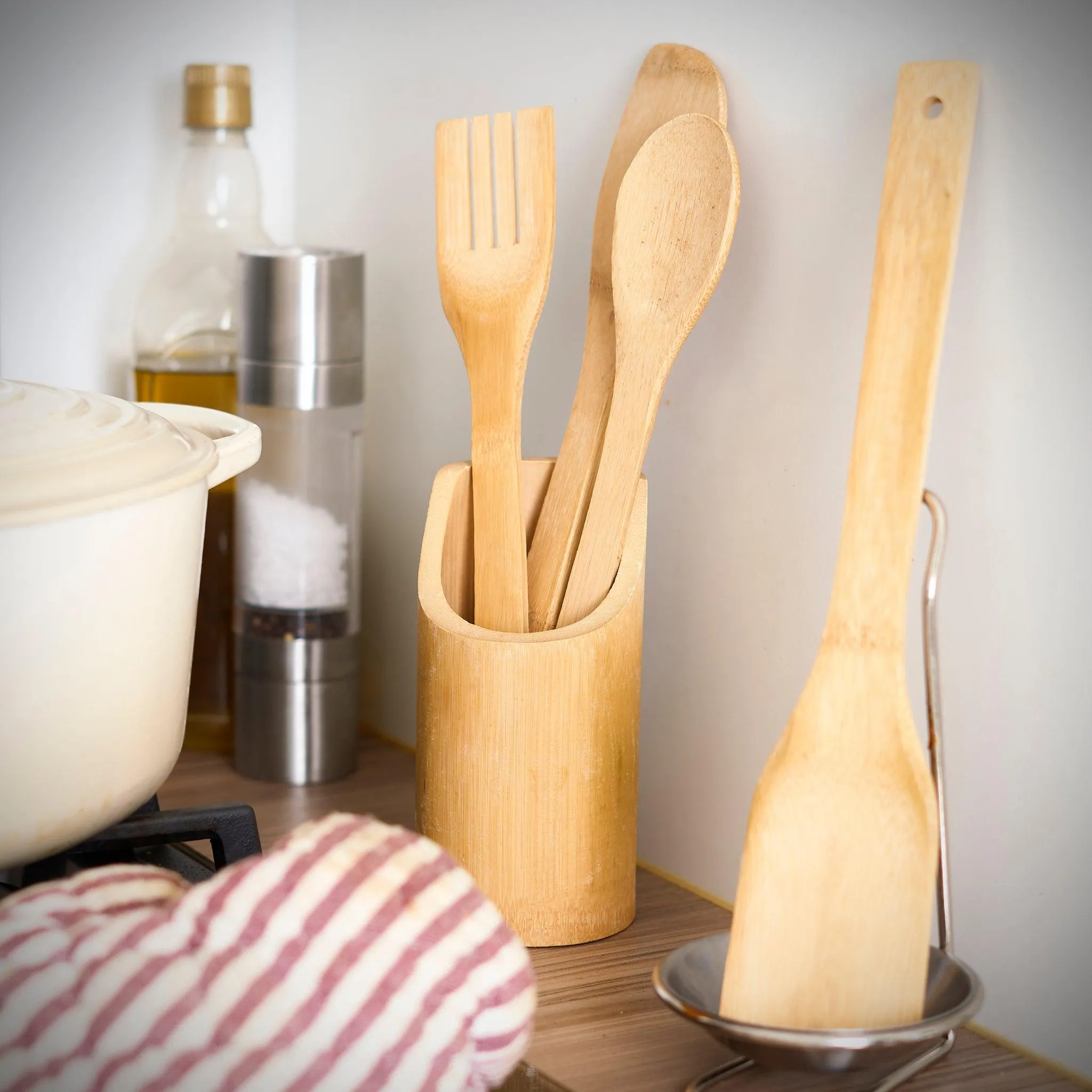 4Pcs Bamboo Essentials Kitchen Cooking Utensils With Utensils Holder