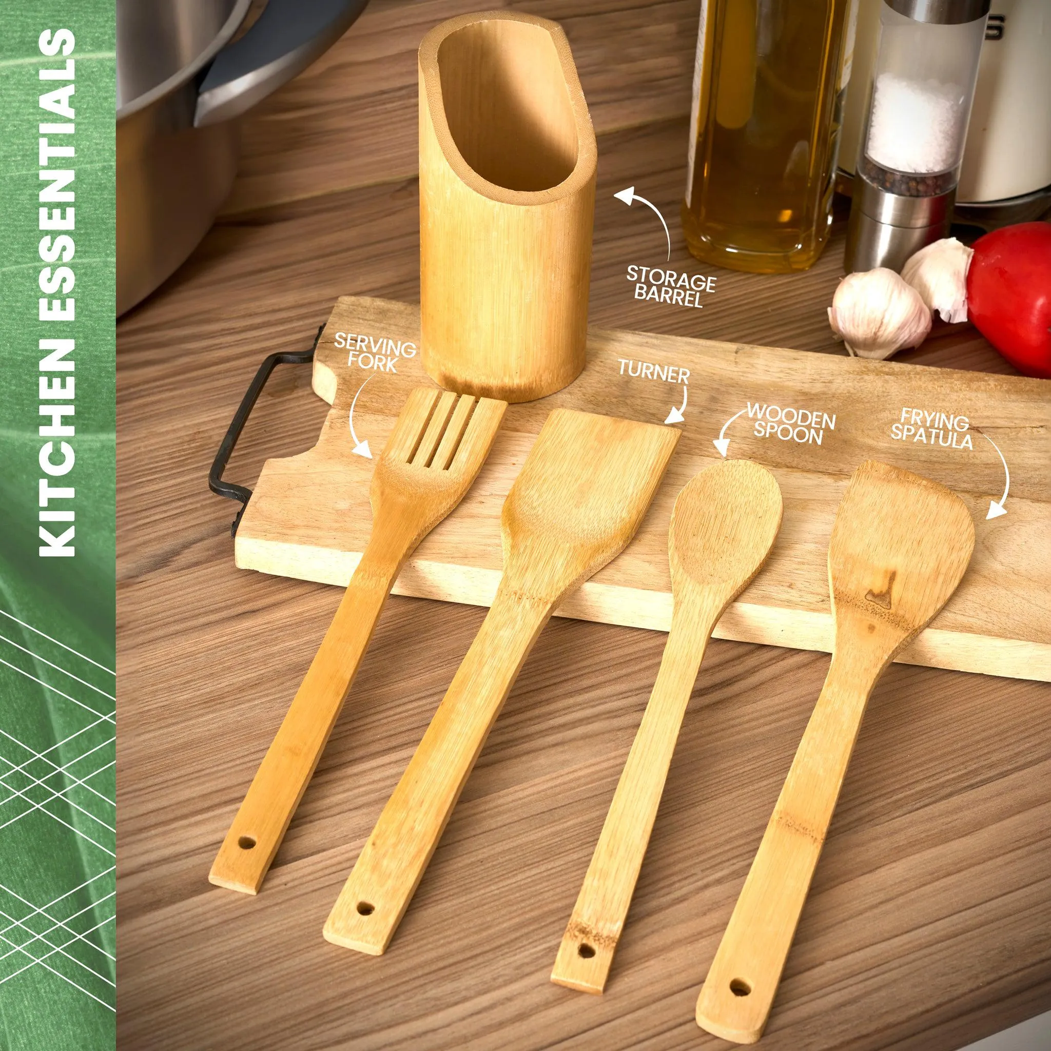 4Pcs Bamboo Essentials Kitchen Cooking Utensils With Utensils Holder