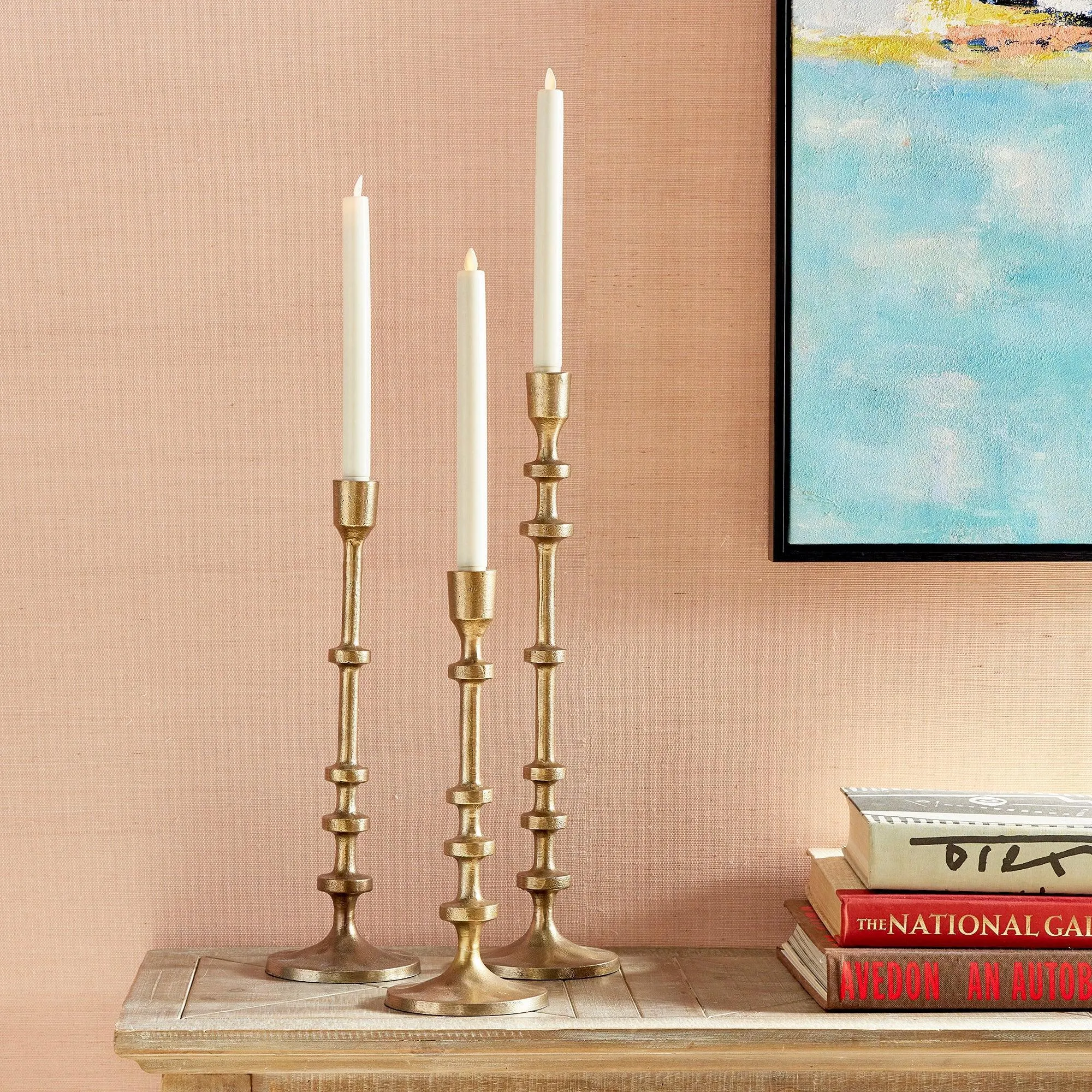 Abacus Gold Taper Candle Holders, Set Of 3