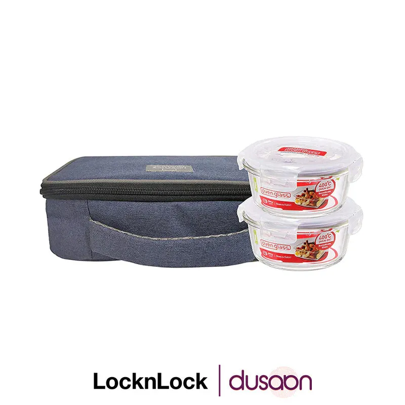 Airtight Glass Food Containers Flat Lunch Box with Bag | 380ml | Set of 2 | Multiple Colors