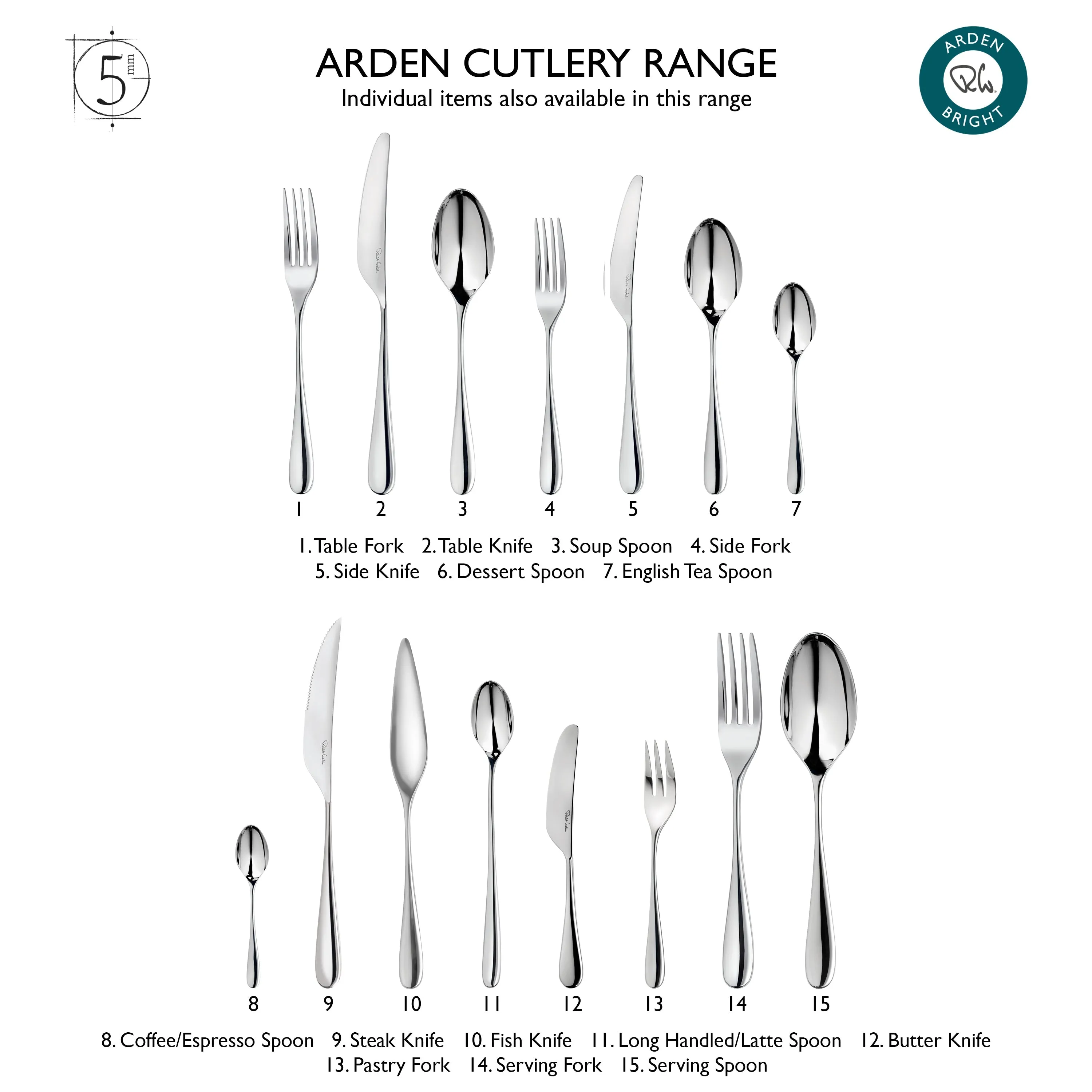 Arden Bright Cutlery Set, 84 Piece for 12 People - Includes 2 Arden Short Candlesticks