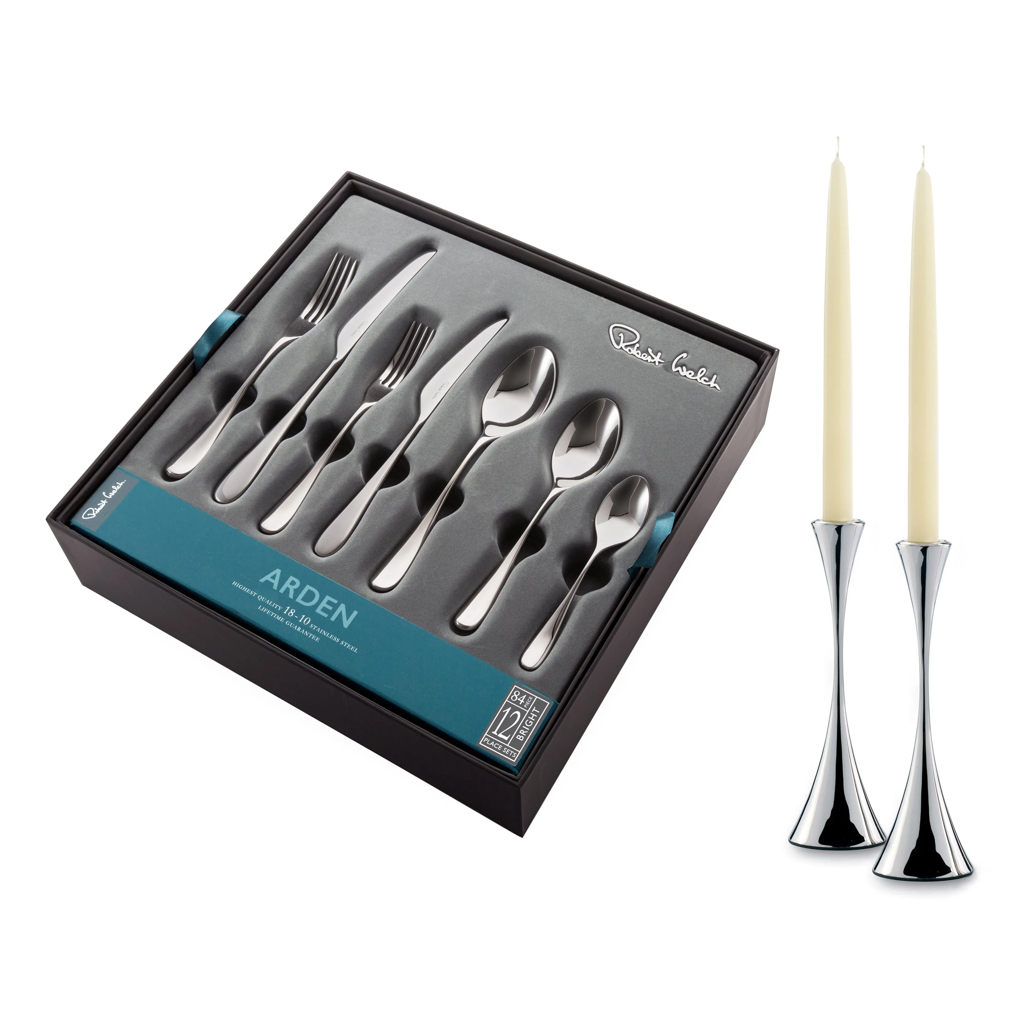 Arden Bright Cutlery Set, 84 Piece for 12 People - Includes 2 Arden Short Candlesticks