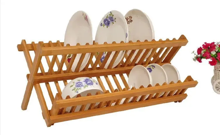 Bamboo Wooden Dish Rack Foldable Kitchen Drying Bowl Holder Plate Holder BKW05