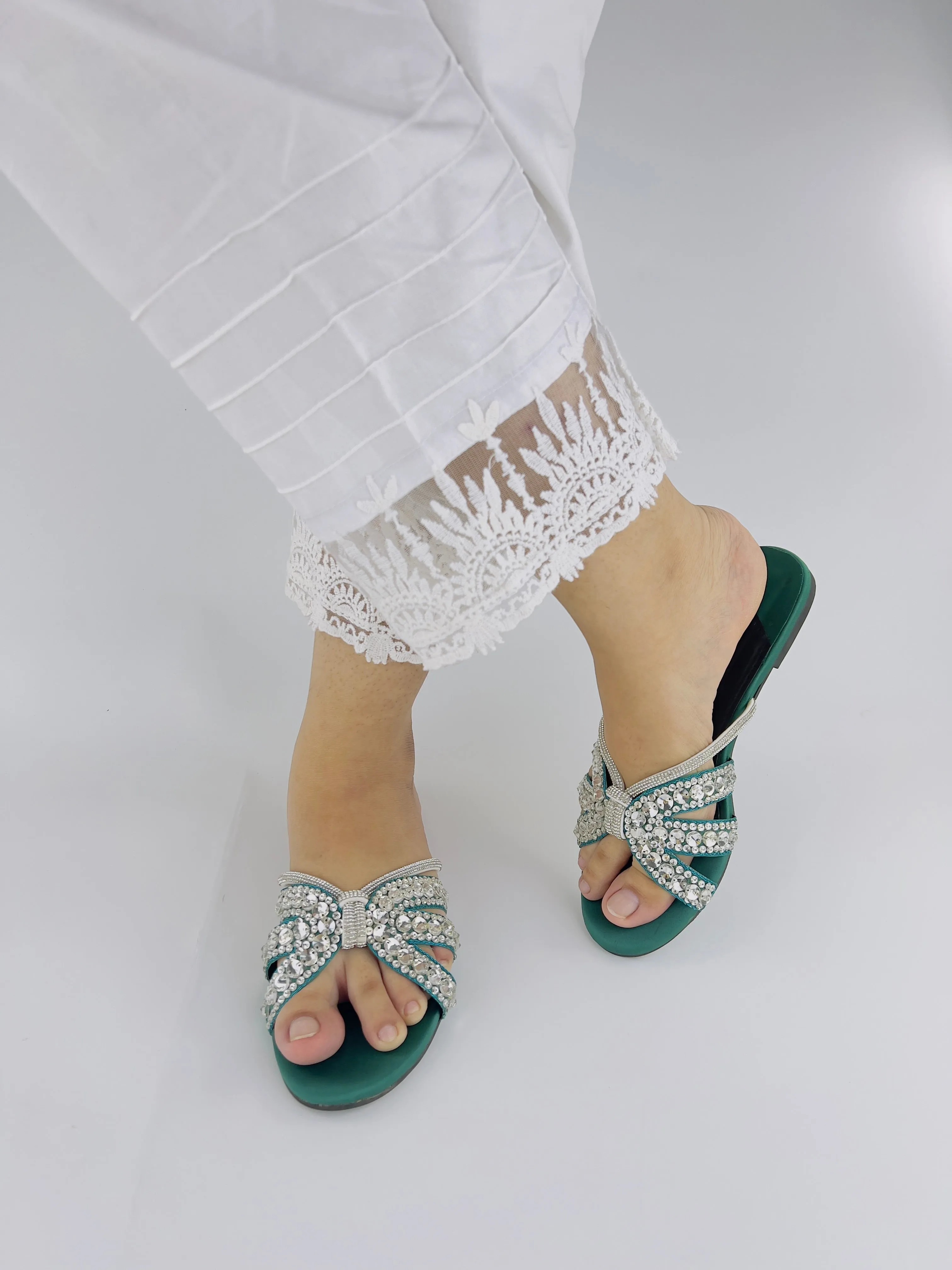 Beryl Sequin Decor Crystal Embellished Green Flat Slides