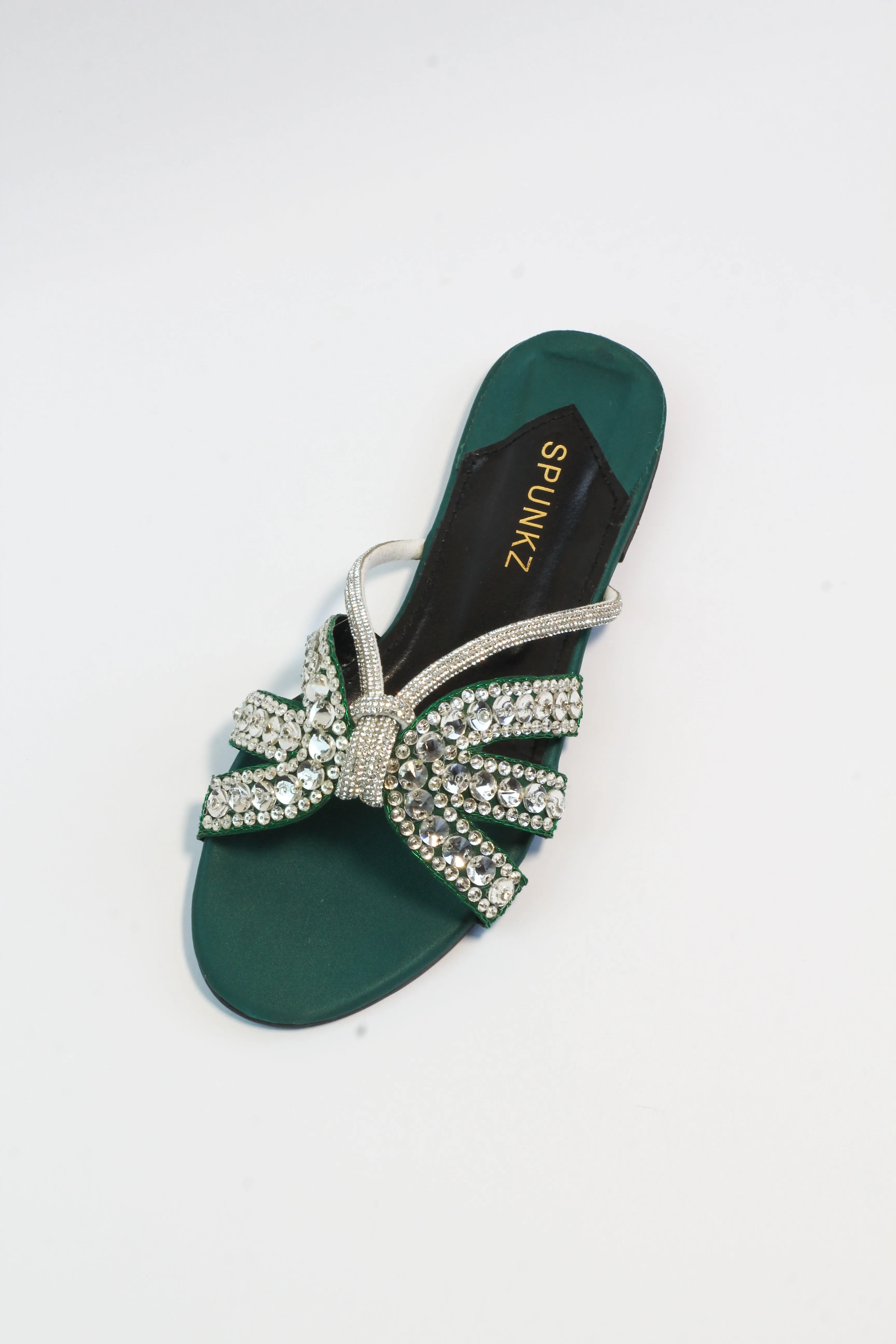 Beryl Sequin Decor Crystal Embellished Green Flat Slides