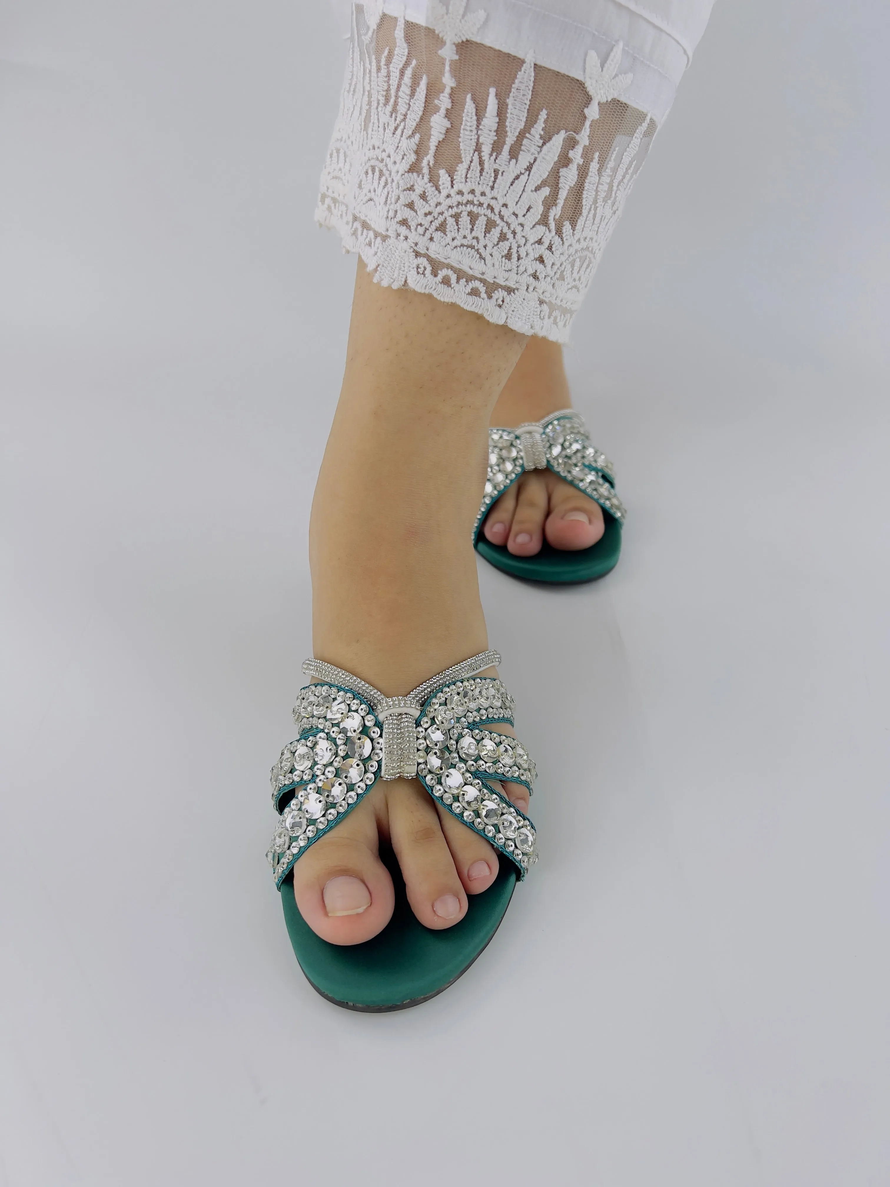 Beryl Sequin Decor Crystal Embellished Green Flat Slides