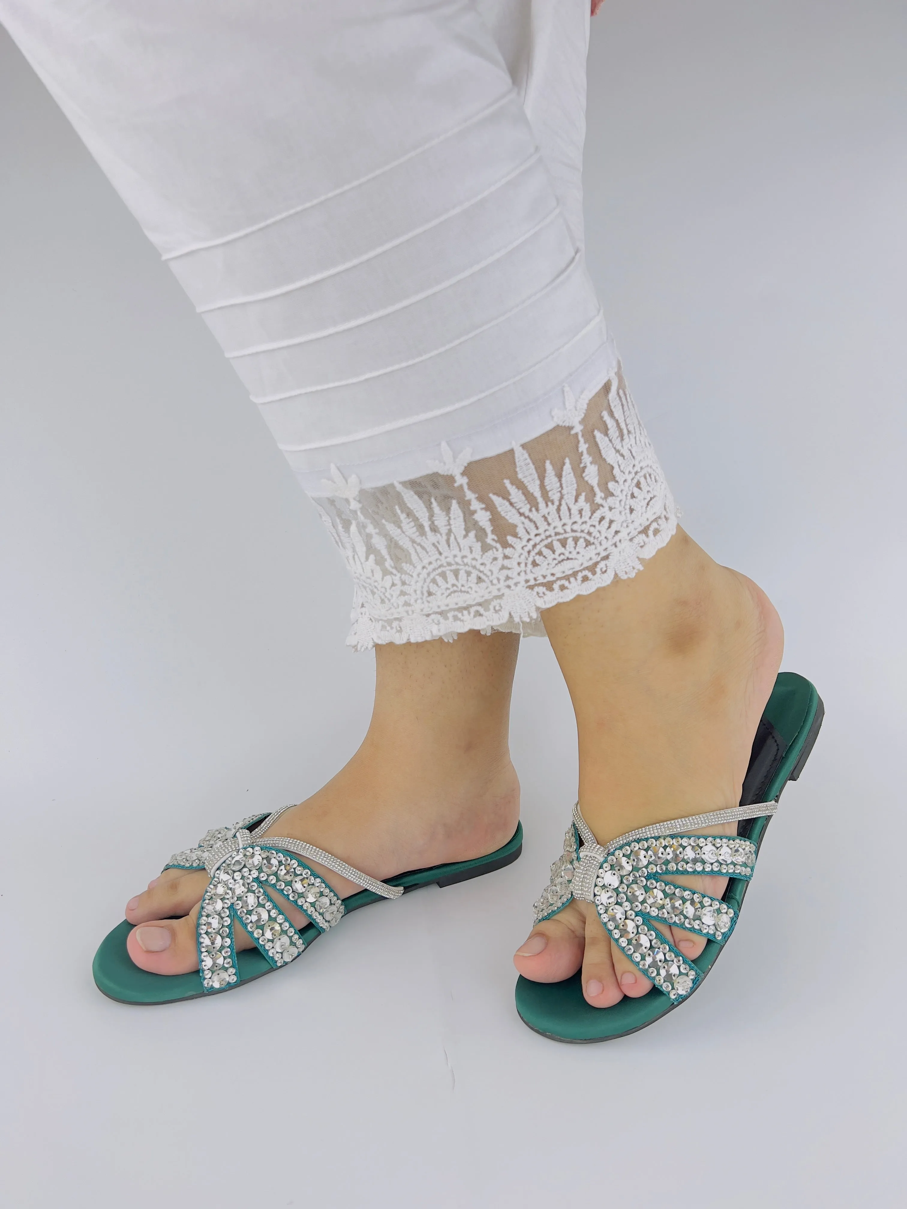 Beryl Sequin Decor Crystal Embellished Green Flat Slides