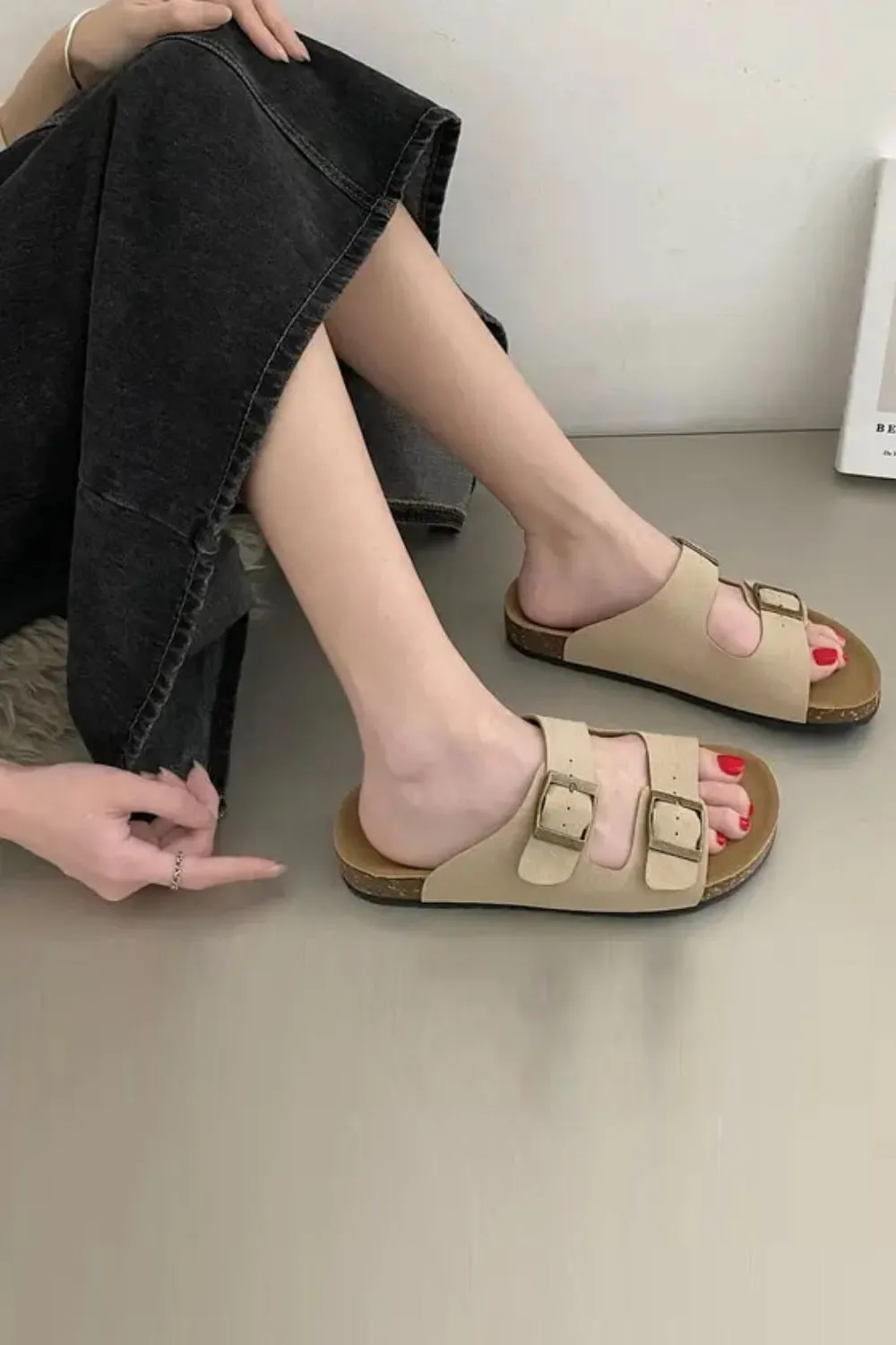 CAMEL SOFT FOOTBED SUMMER FLAT SLIDERS SANDALS