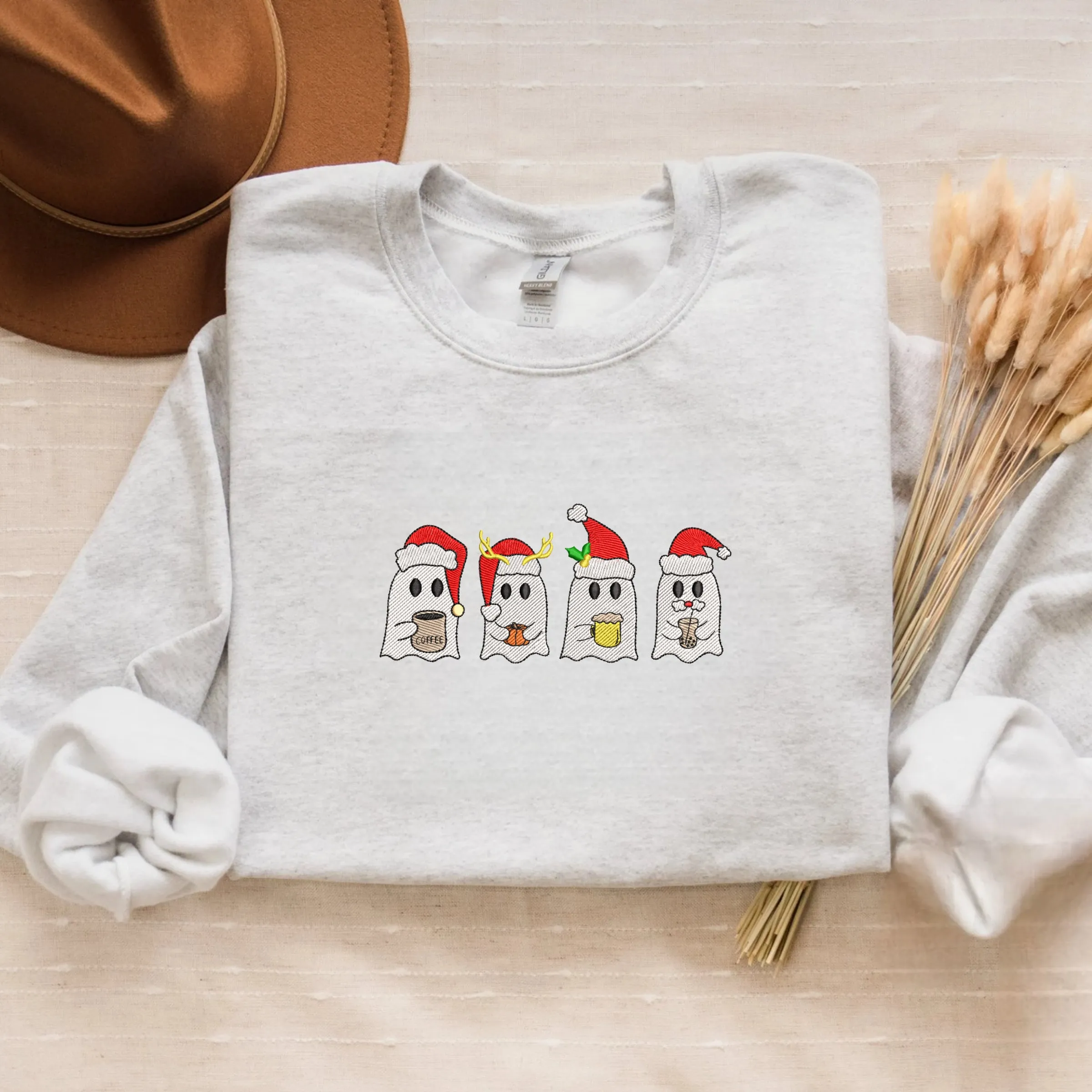 Coffee Ghost Christmas Sweatshirt Embroidered, Little Ghost Santa Raindeer Crewneck or Hoodie