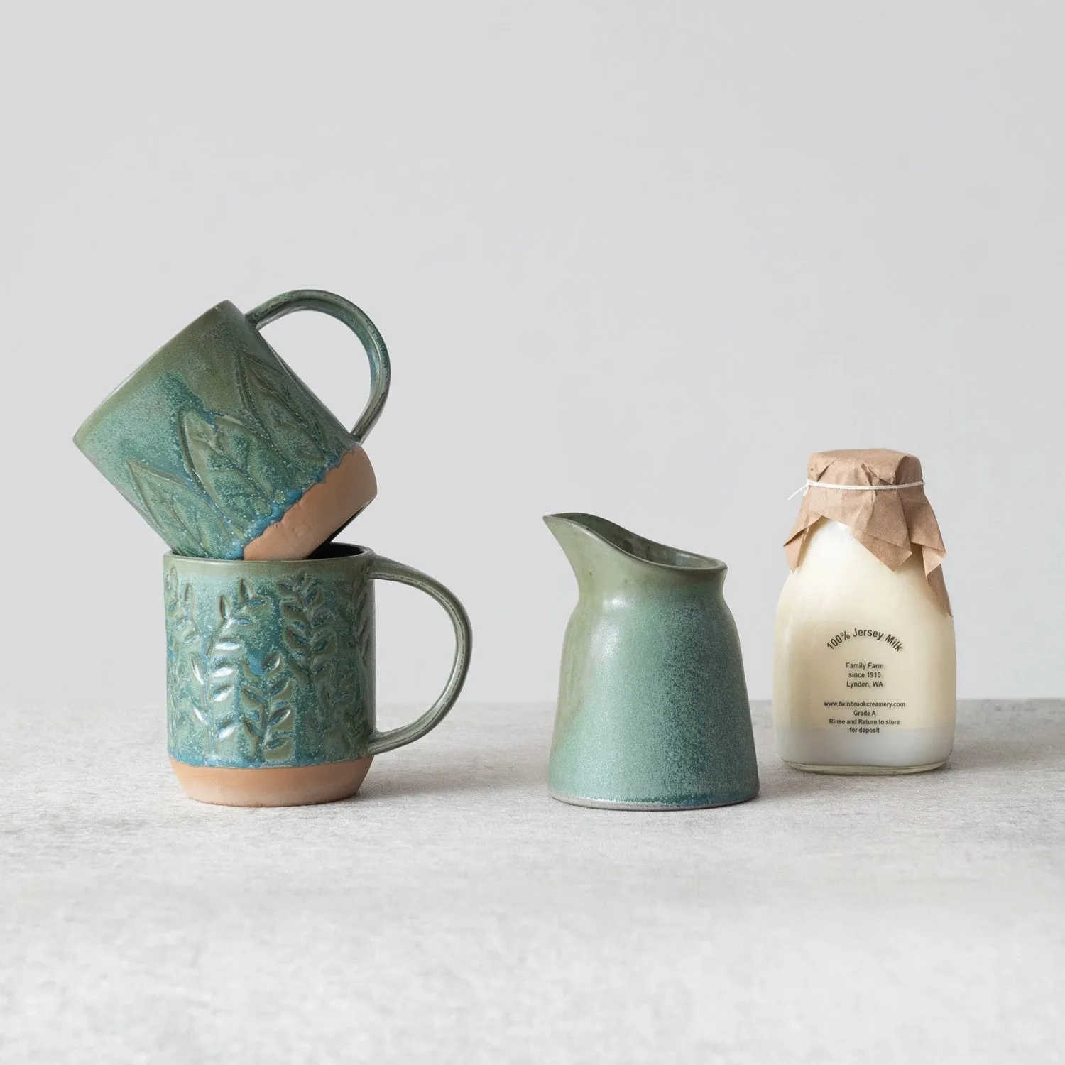 Debossed Botanical Green Stoneware Mug