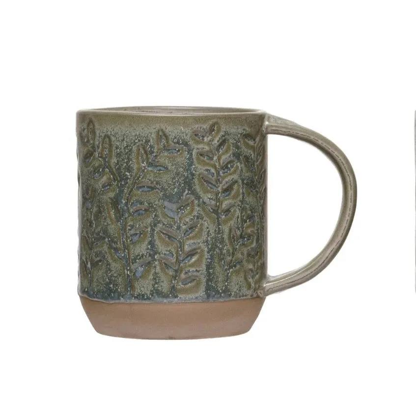 Debossed Botanical Green Stoneware Mug