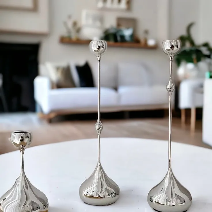 European Water Drop Silver Tone Candle Holders