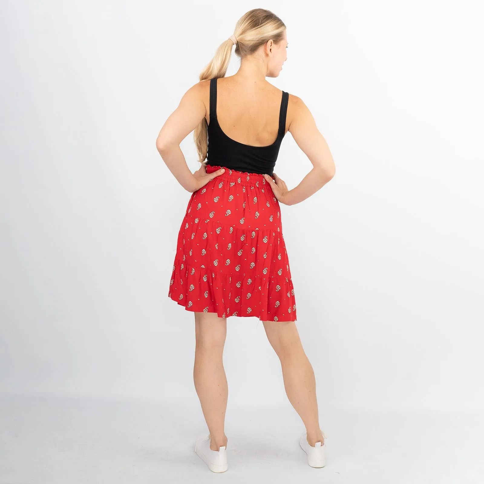 Next Red Floral Elasticated Waist Flare Casual Summer Tiered Short Skirts