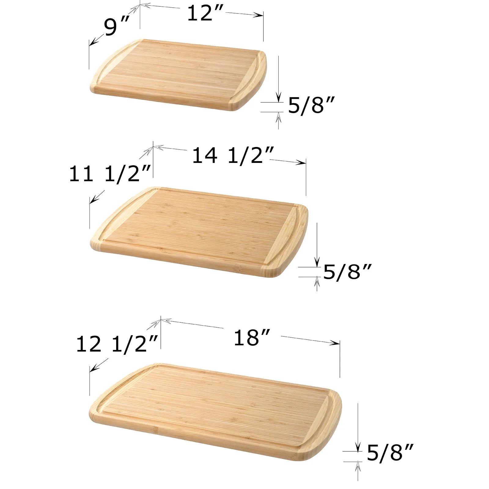 Red Co. Set of 3 Sizes (18”, 14.5”, 12”) 2-Tone Organic Bamboo Cutting Boards with Juice Grooves, Natural