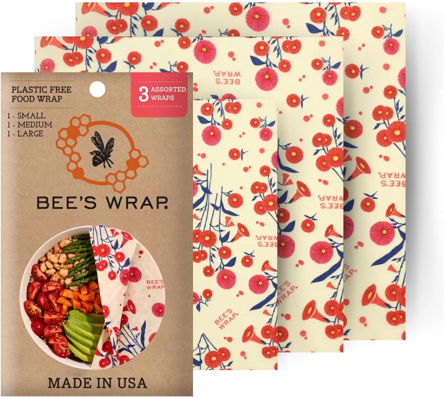 Reusable Beeswax Food Wraps Made in the USA, Eco Friendly Sustainable Organic, Assorted 3 Pack (S, M, L)