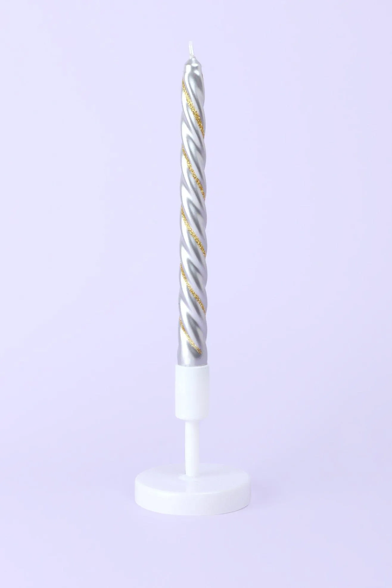 Set of 2 Silver Twisted Dinner Candles with Glitter Stripe