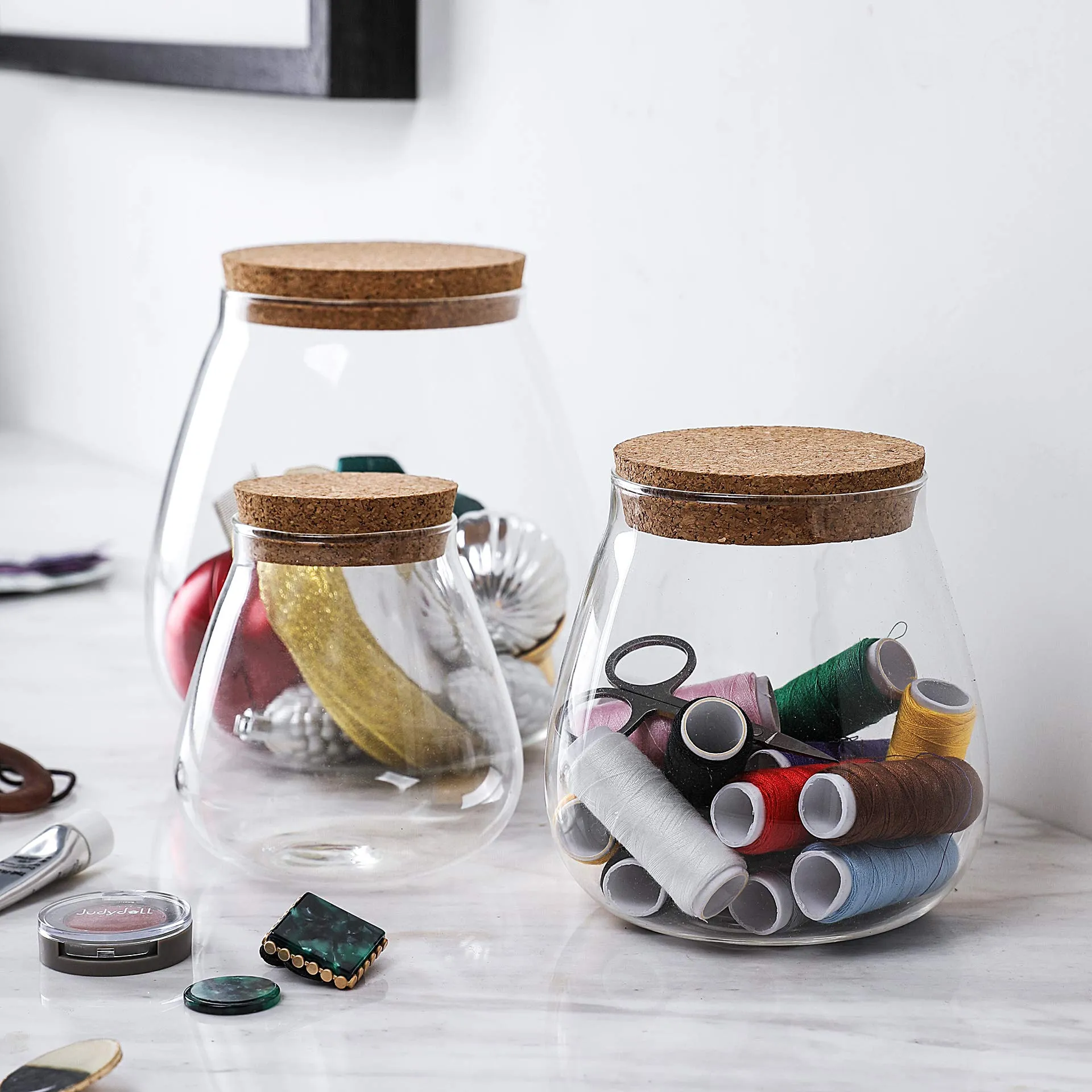 Set of 3 Glass Jar Storage Containers with Cork Lids Capacity 60/30