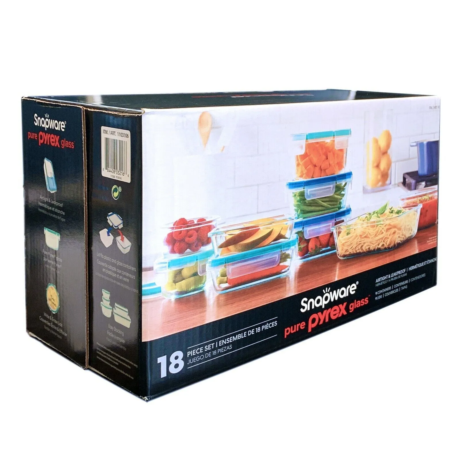 Snapware Pure Pyrex 18-Piece Glass Food Storage Set, microwave, oven, refrigerator, freezer & dishwasher safe