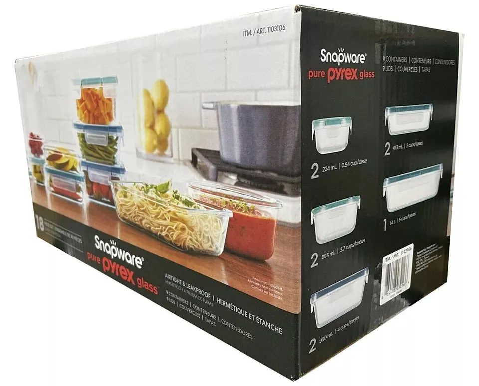 Snapware Pure Pyrex 18-Piece Glass Food Storage Set, microwave, oven, refrigerator, freezer & dishwasher safe