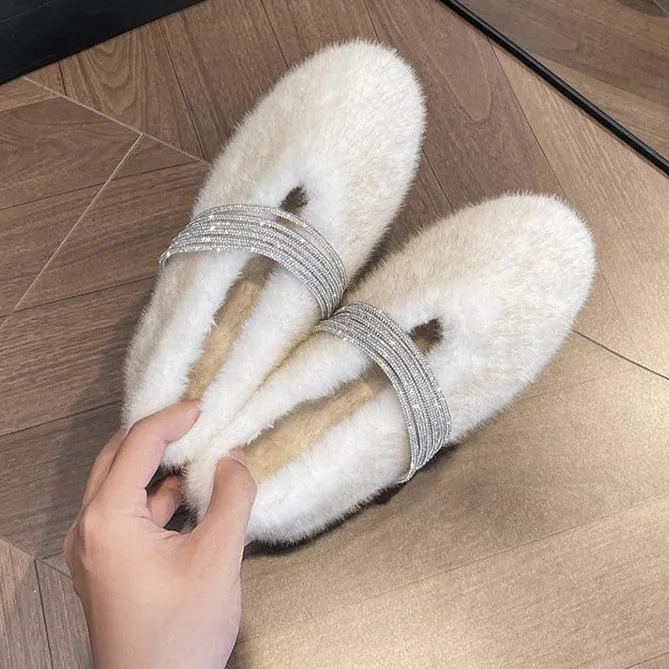 Soft Rabbit Fur Winter Rhinestone Buckle Flat Shoes