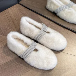 Soft Rabbit Fur Winter Rhinestone Buckle Flat Shoes