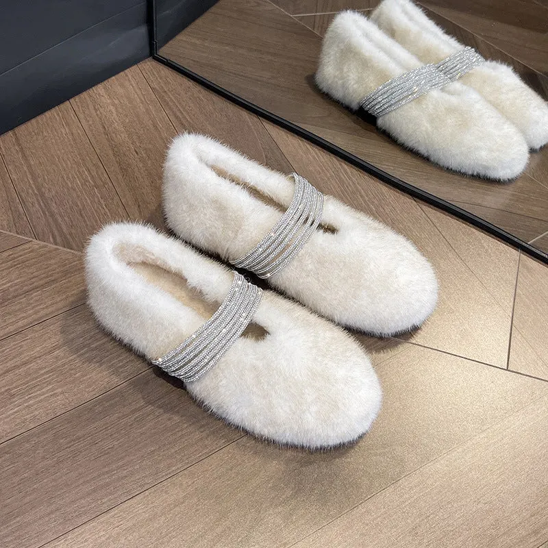 Soft Rabbit Fur Winter Rhinestone Buckle Flat Shoes