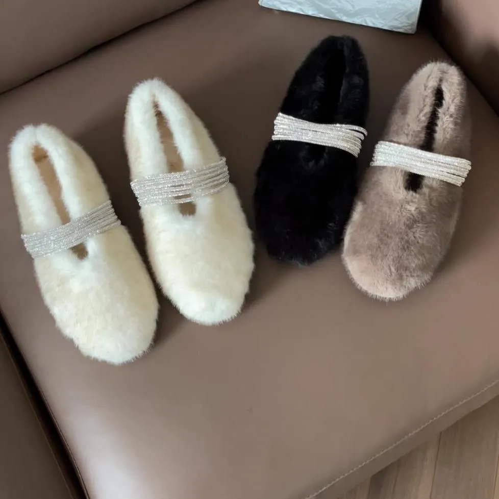 Soft Rabbit Fur Winter Rhinestone Buckle Flat Shoes