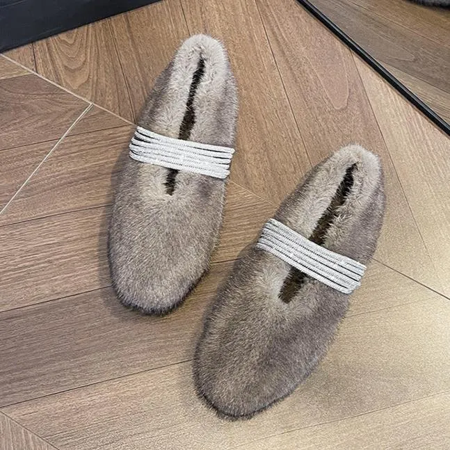 Soft Rabbit Fur Winter Rhinestone Buckle Flat Shoes