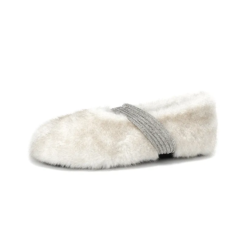 Soft Rabbit Fur Winter Rhinestone Buckle Flat Shoes