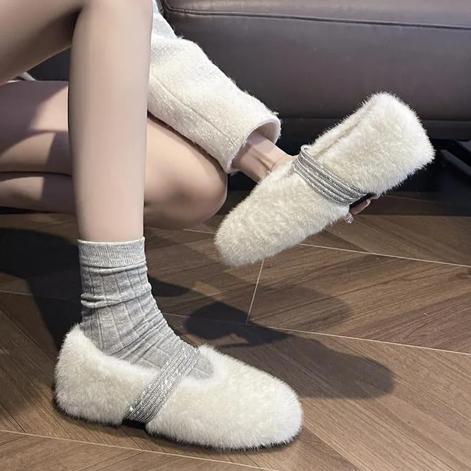 Soft Rabbit Fur Winter Rhinestone Buckle Flat Shoes