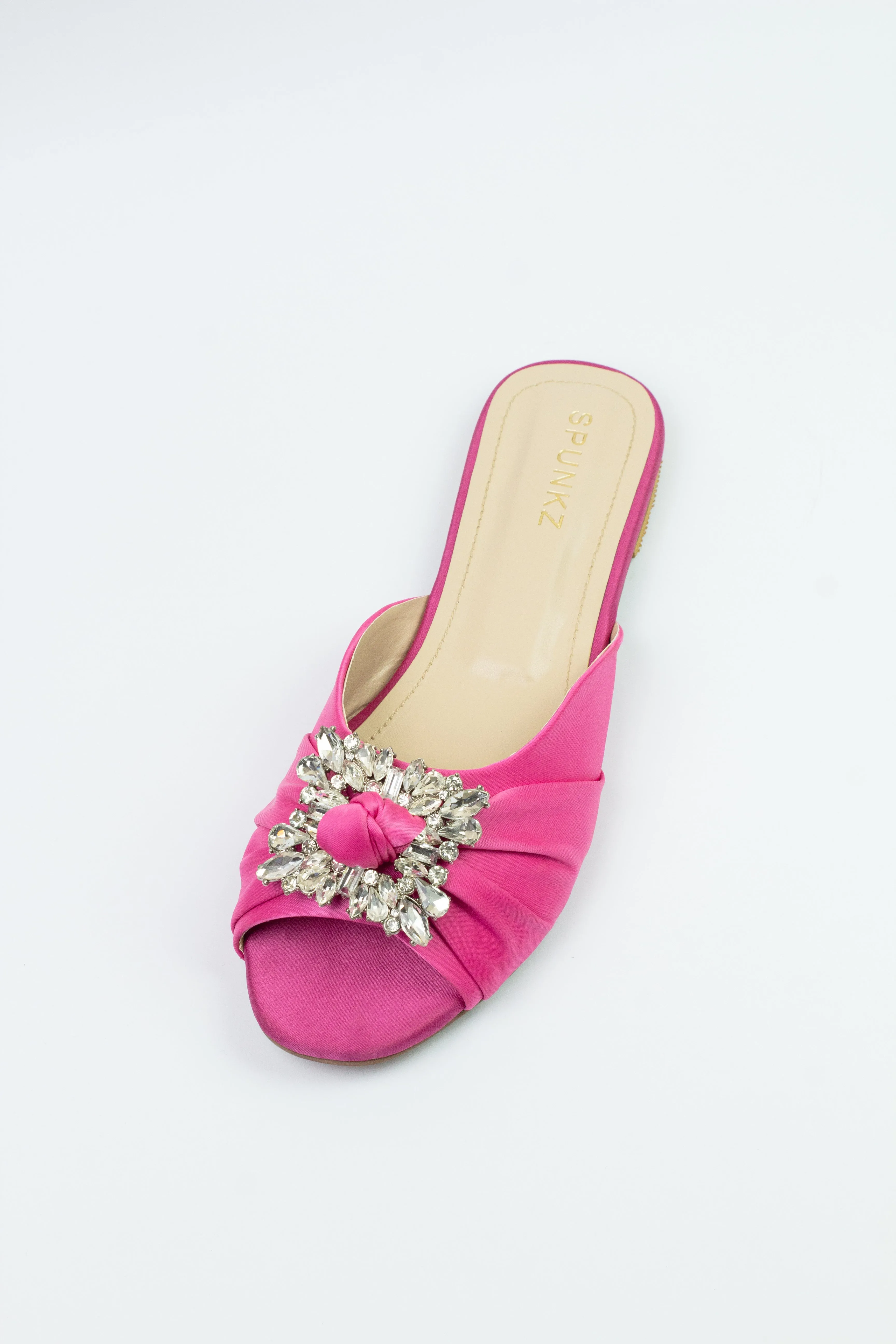 Spunkz Crystal Brooch Knot Decor Pink Satin Peep Toe Flat Slippers 0002-pnk