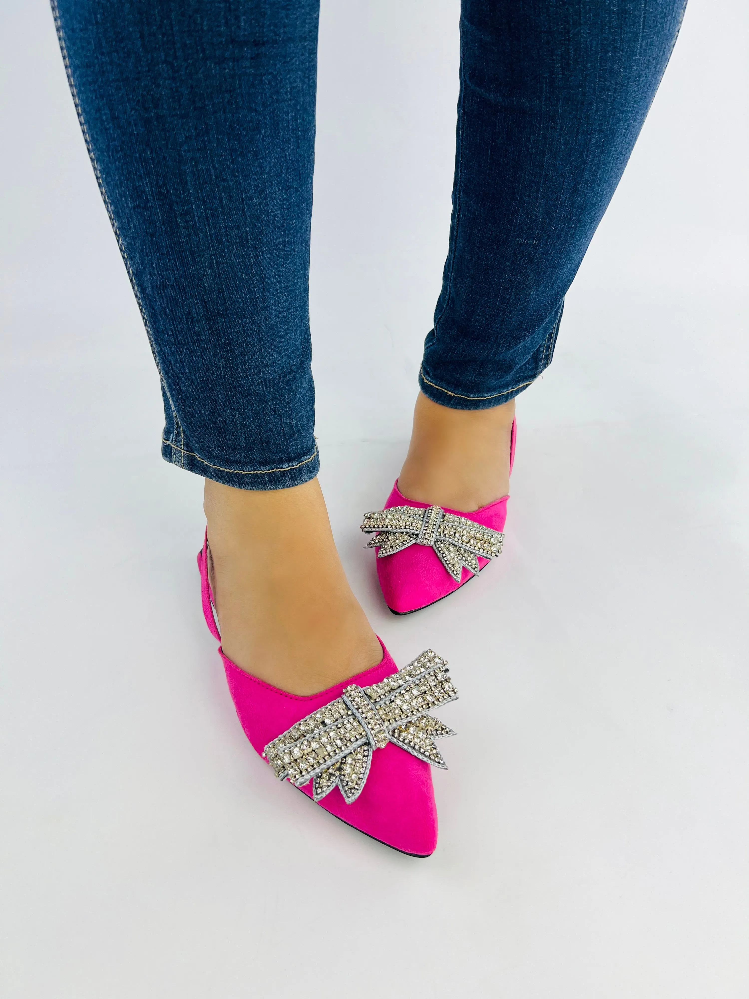 Spunkz Pink Rhinestone Bowknot Velvet Flat Mules