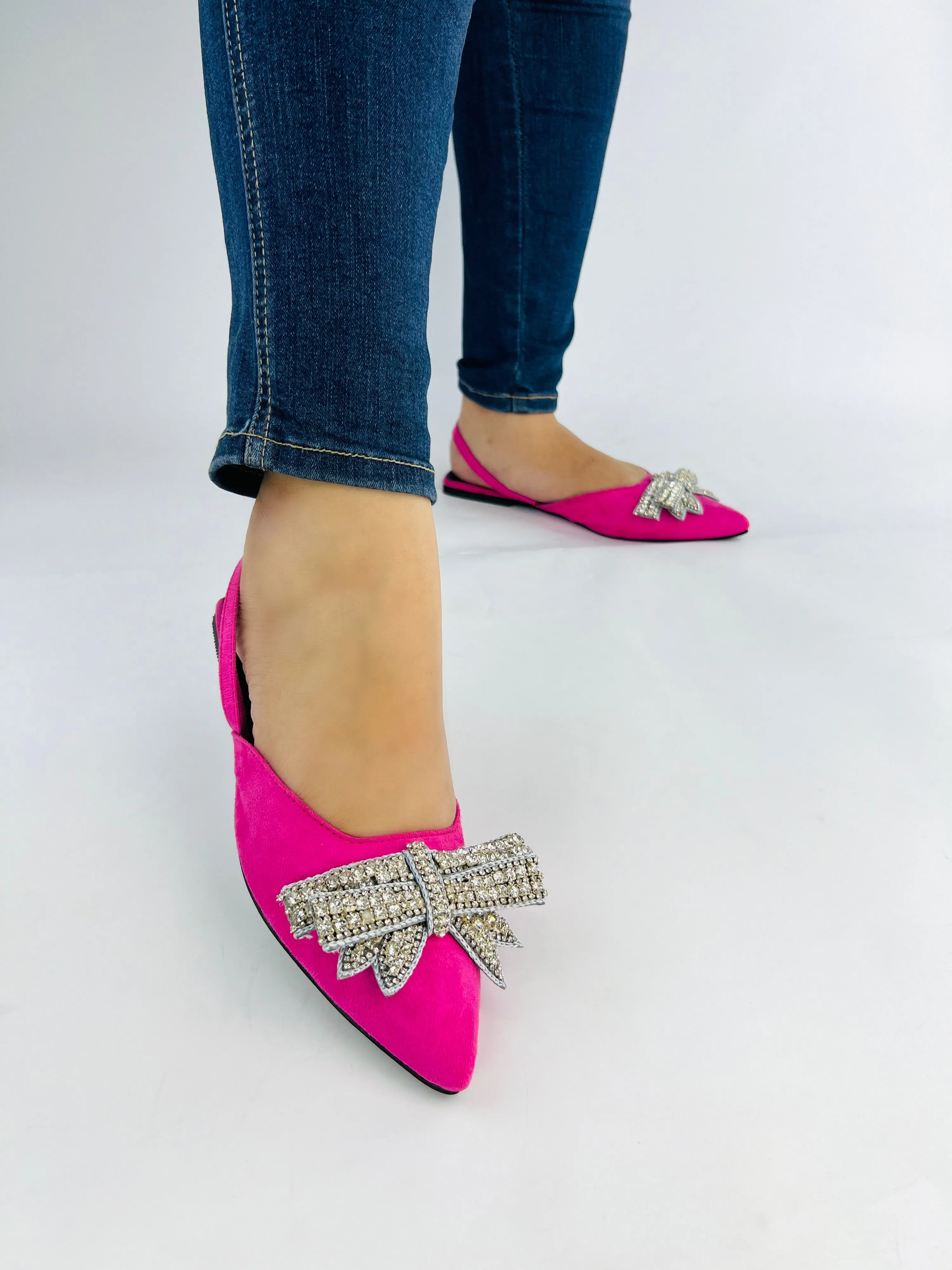 Spunkz Pink Rhinestone Bowknot Velvet Flat Mules