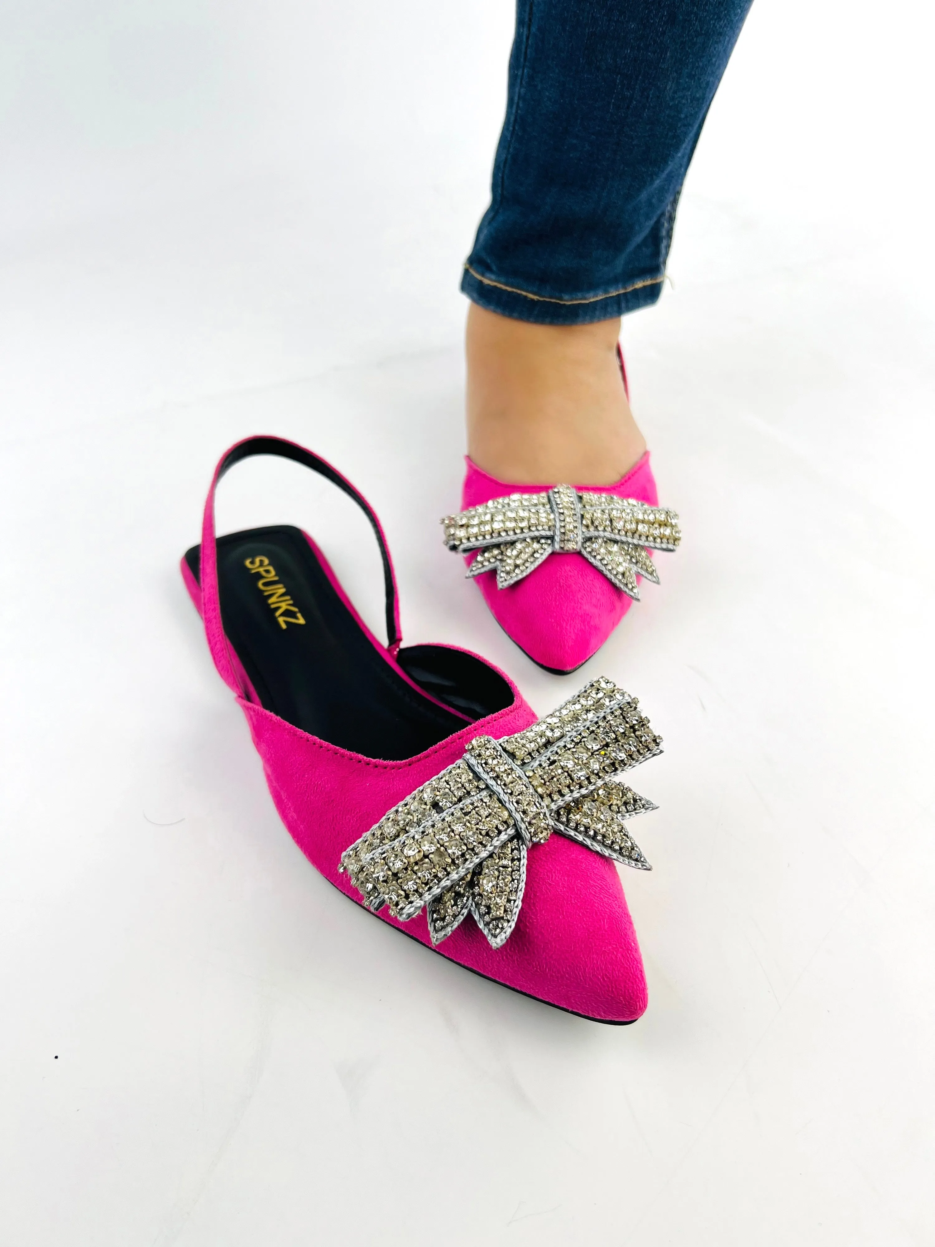 Spunkz Pink Rhinestone Bowknot Velvet Flat Mules