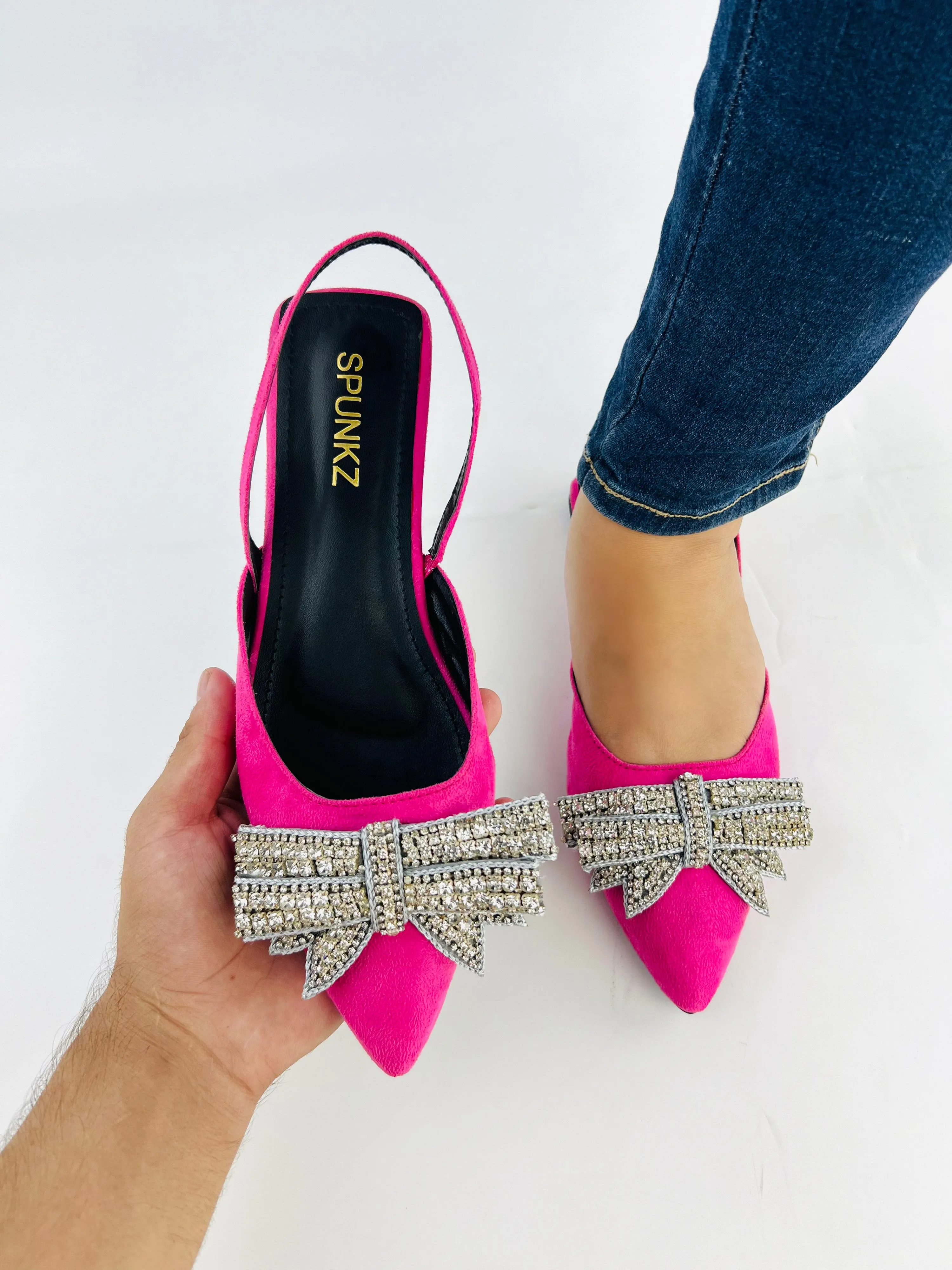 Spunkz Pink Rhinestone Bowknot Velvet Flat Mules