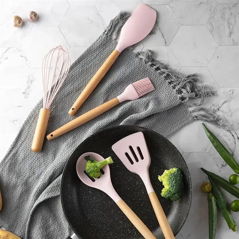 Utensils Wooden Handle Non-stick Silicone Cookware