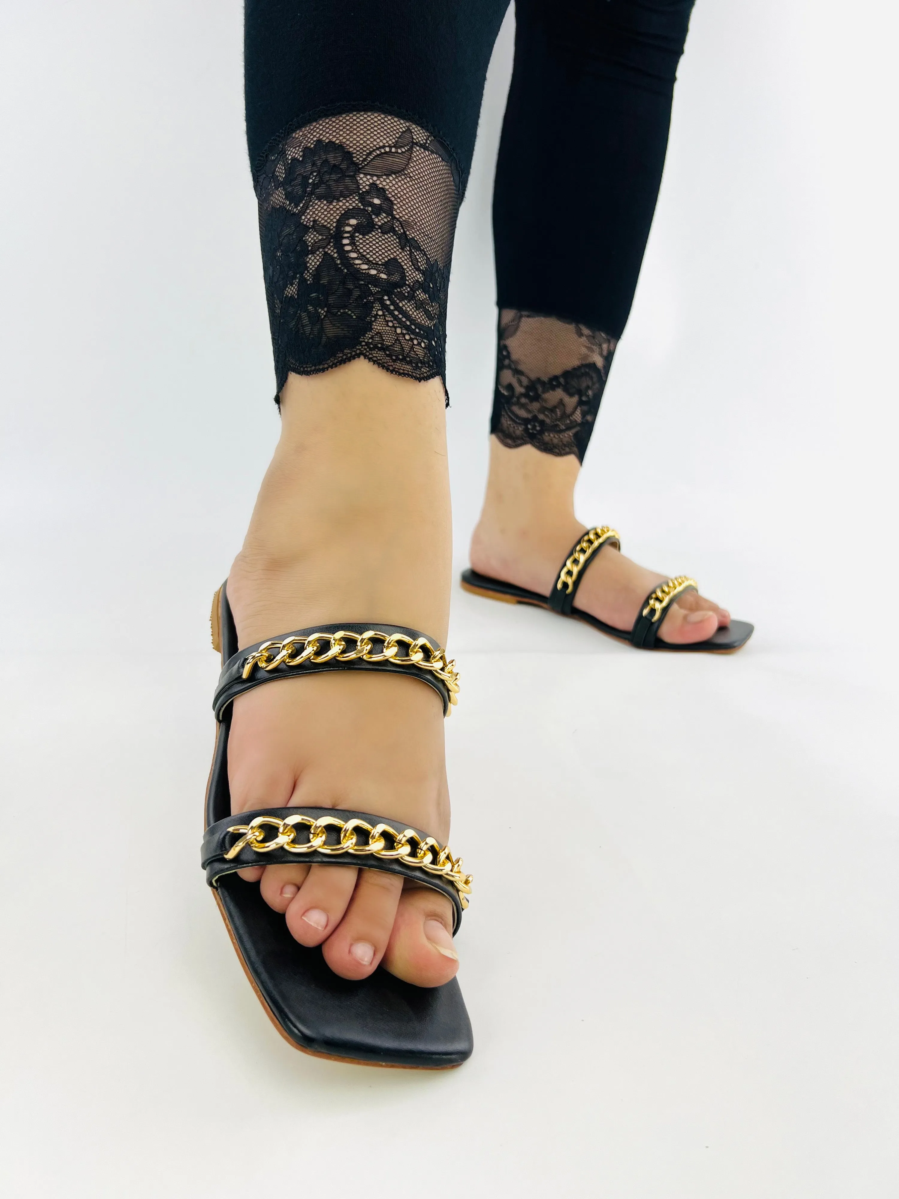 Ziva Black Stone Chain Embellished Square Toe Flat Sandals