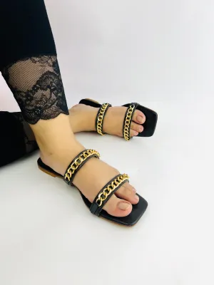 Ziva Black Stone Chain Embellished Square Toe Flat Sandals