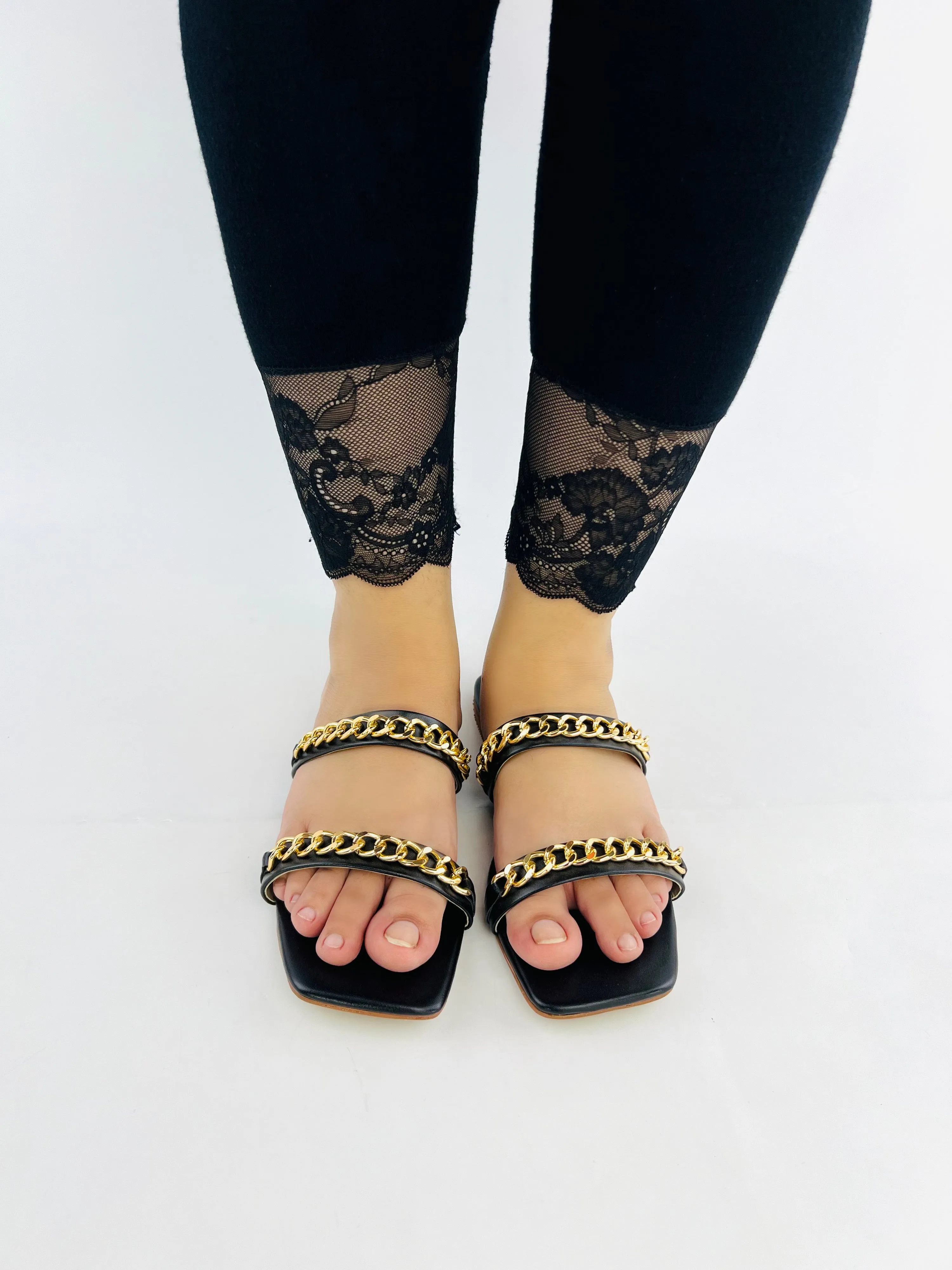 Ziva Black Stone Chain Embellished Square Toe Flat Sandals