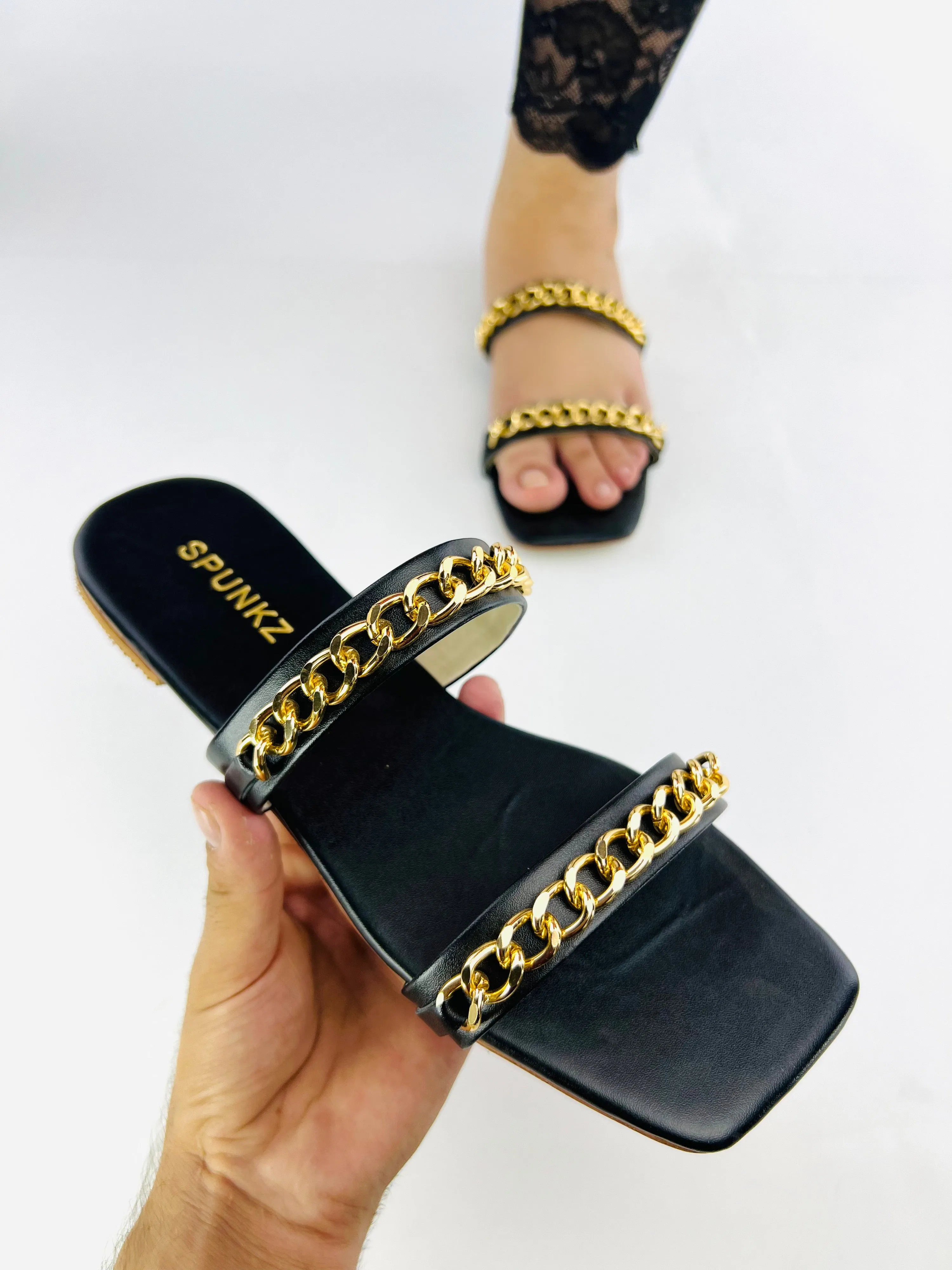 Ziva Black Stone Chain Embellished Square Toe Flat Sandals